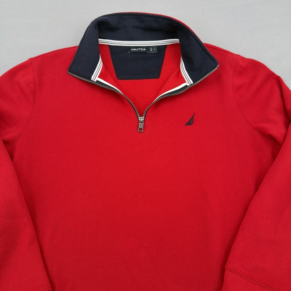 Nautica Quarter Zip Pullover Mens L Red Sweater Fleece Casual Golf